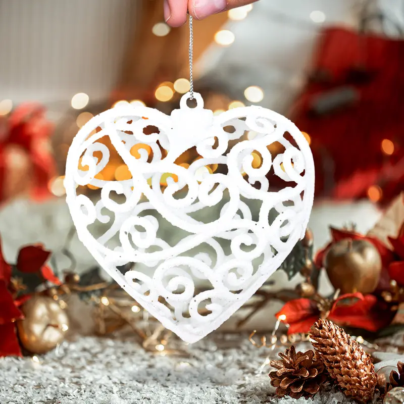 Corazón, Ornamento Navideño Con Glitter, Color Blanco 1