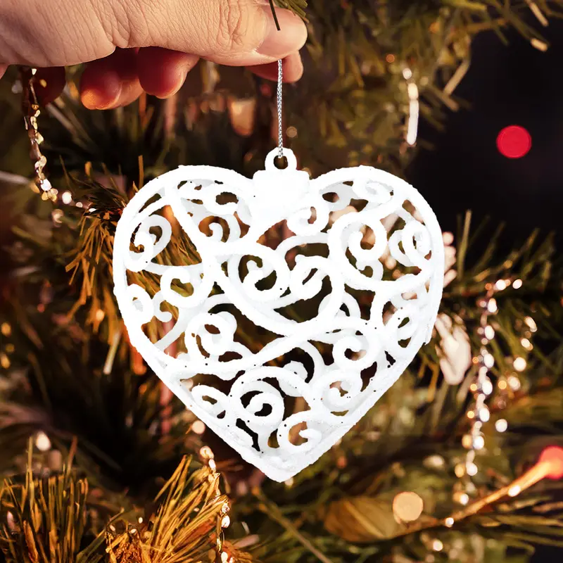 Corazón, Ornamento Navideño Con Glitter, Color Blanco 2