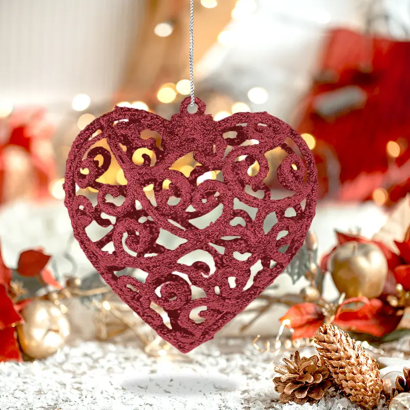 Corazón, Ornamento Navideño Con Glitter, Color Fucsia 1