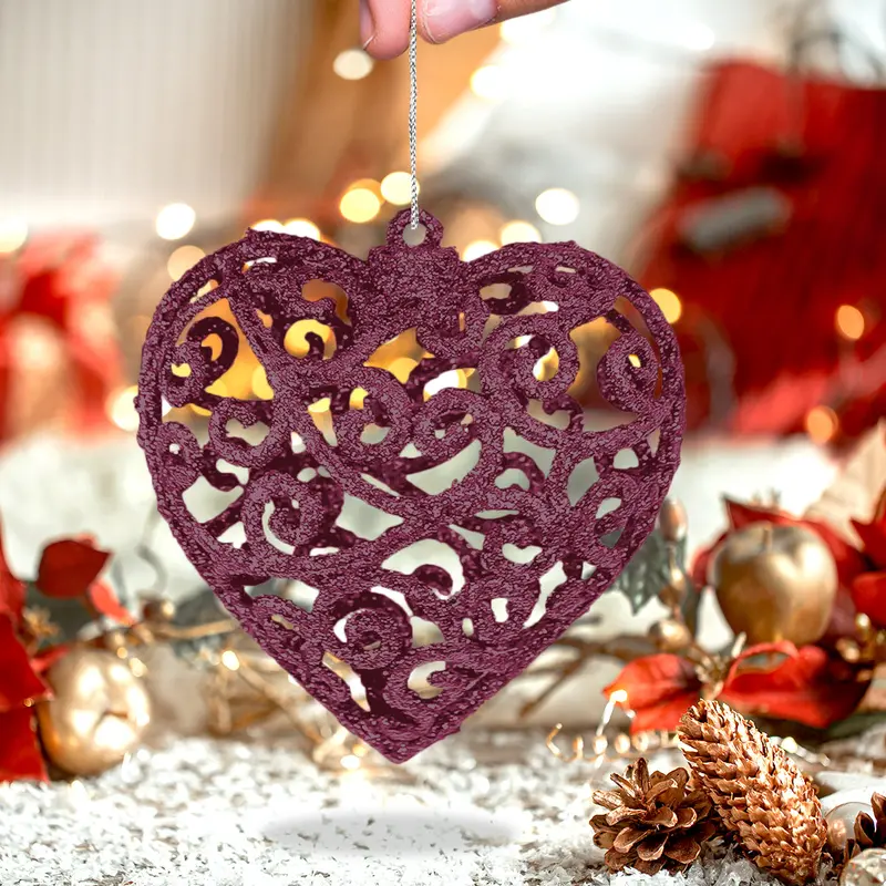 Corazón, Ornamento Navideño Con Glitter, Color Morado 2