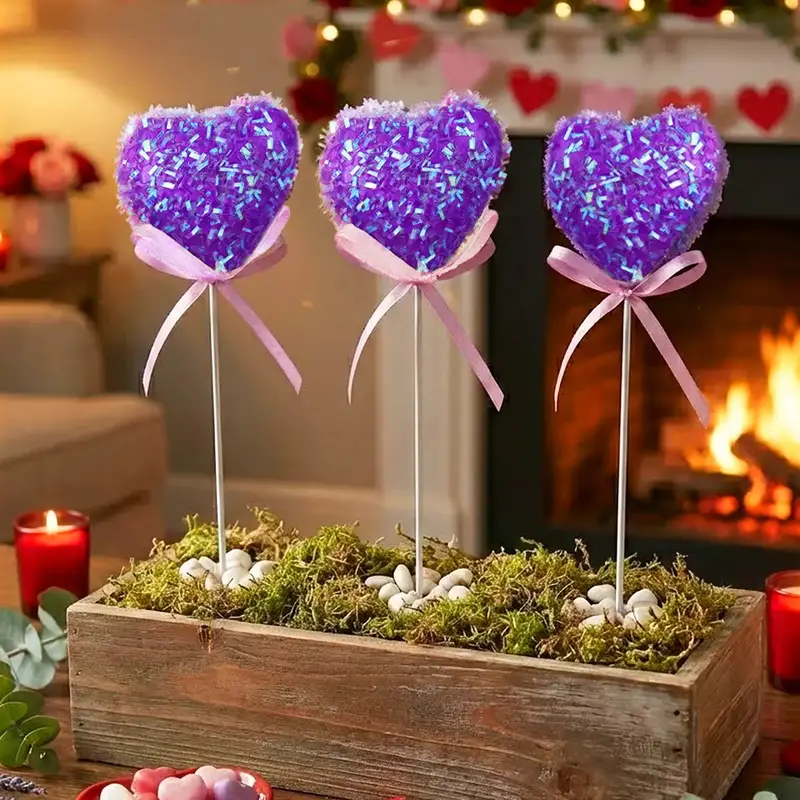Corazones Decorativos Con Diamantina, Color Morado 1