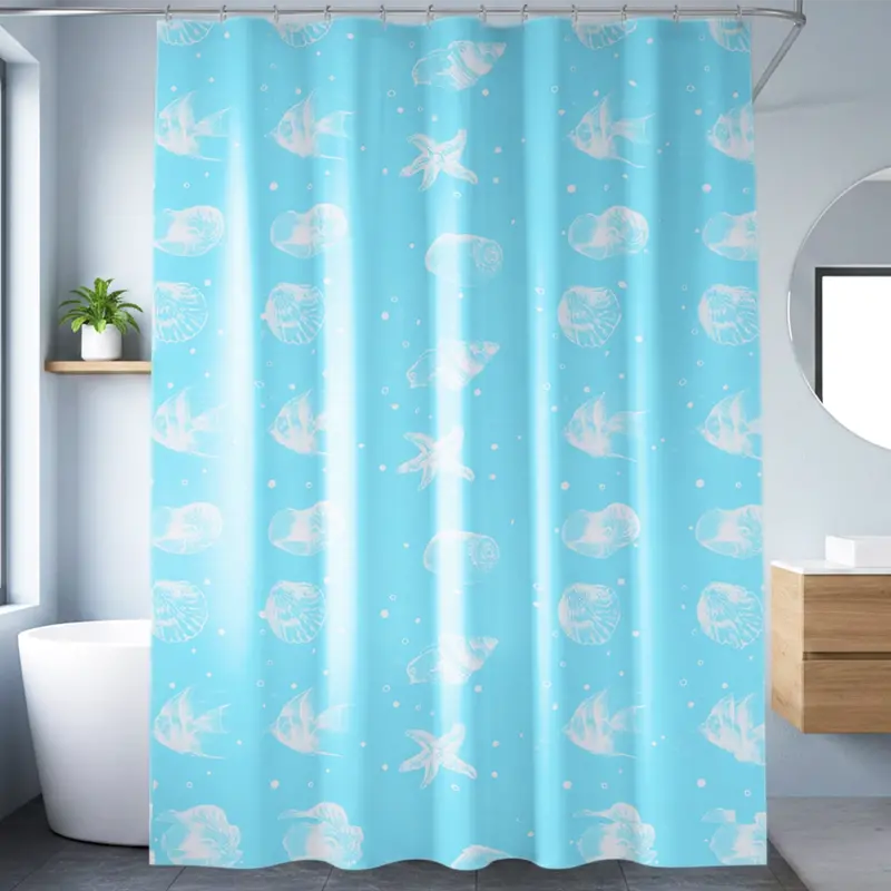 Cortina De Baño, Color Azul, Diseño Conchas 1