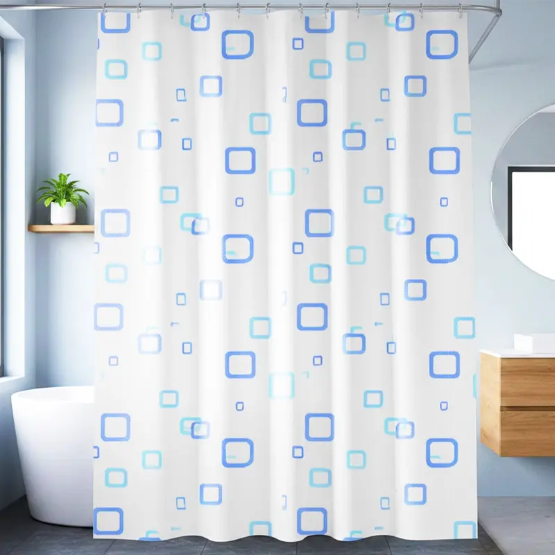 Cortina De Baño, Color Azul, Diseño Cuadros 1
