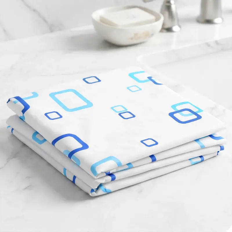 Cortina De Baño, Color Azul, Diseño Cuadros 2