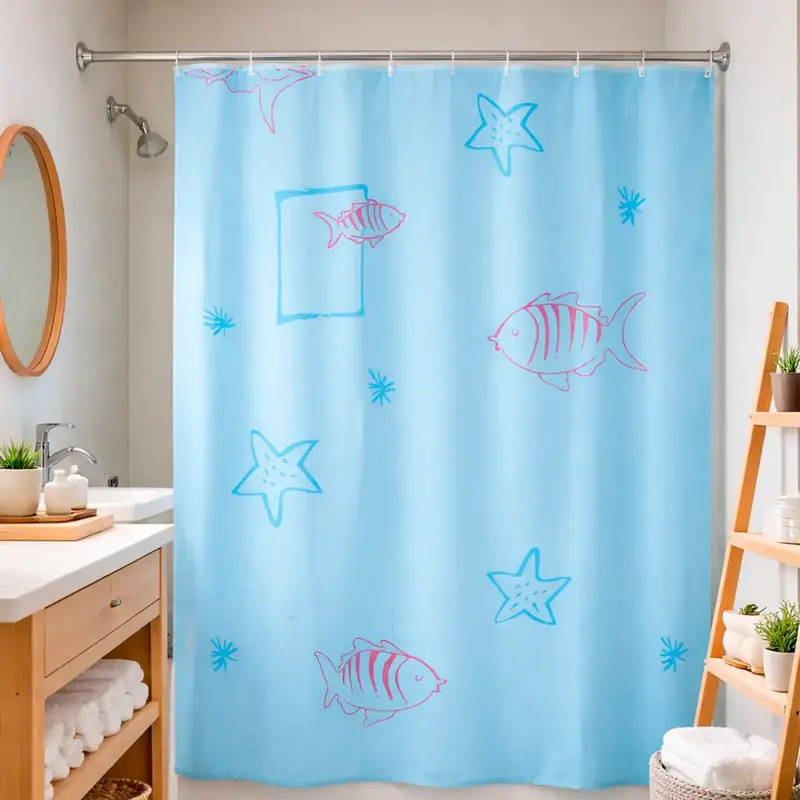 Cortina De Baño, Color Azul, Diseño Pez 1