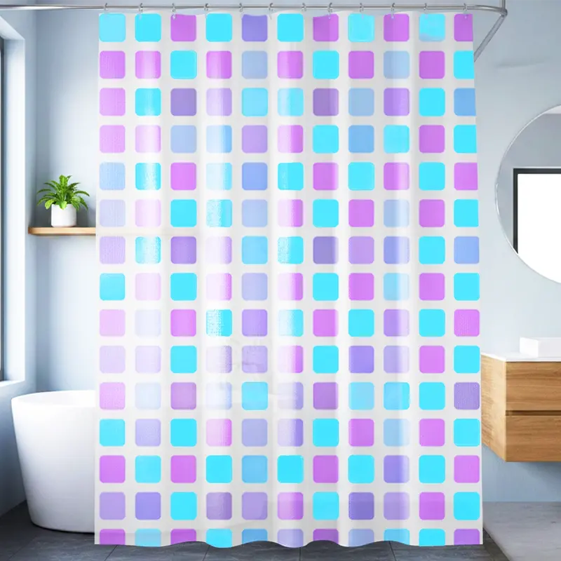 Cortina De Baño, Color Morado, Diseño Cuadros 1