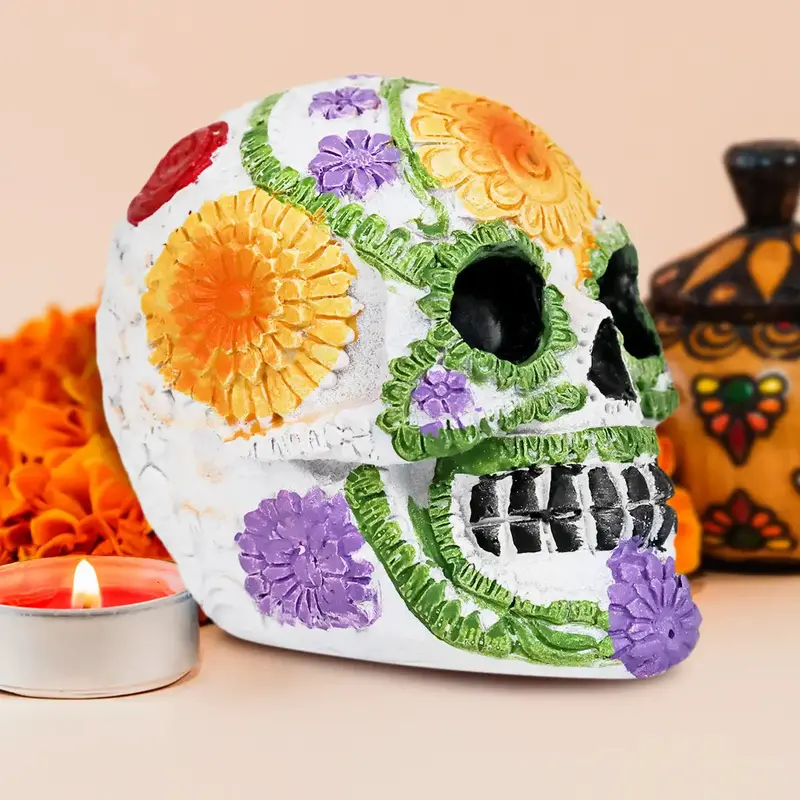 Cráneo, Figura De Cerámica, Flores, Color Amarillo 1