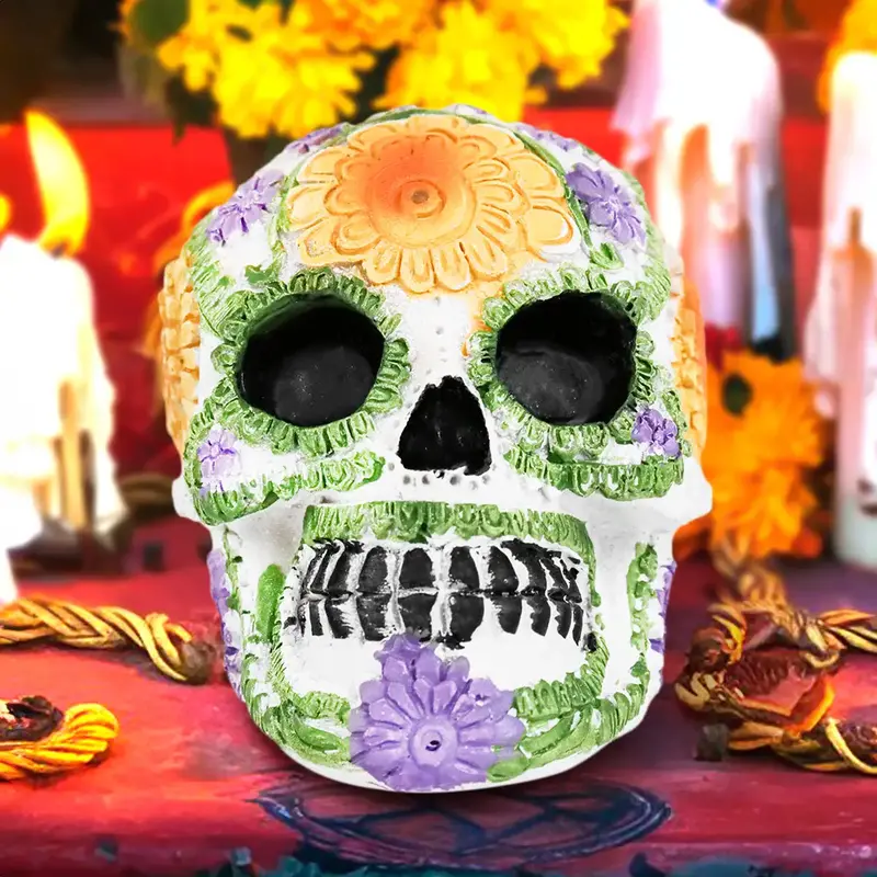 Cráneo, Figura De Cerámica, Flores, Color Amarillo 2