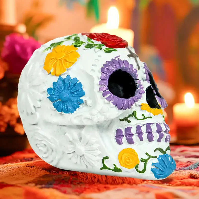 Cráneo, Figura De Cerámica, Flores, Color Rojo 1