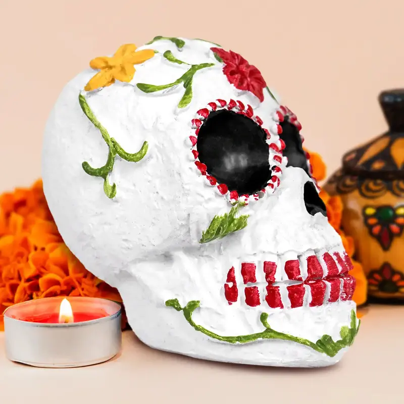 Cráneo, Figura De Cerámica, Flores, Colores 1