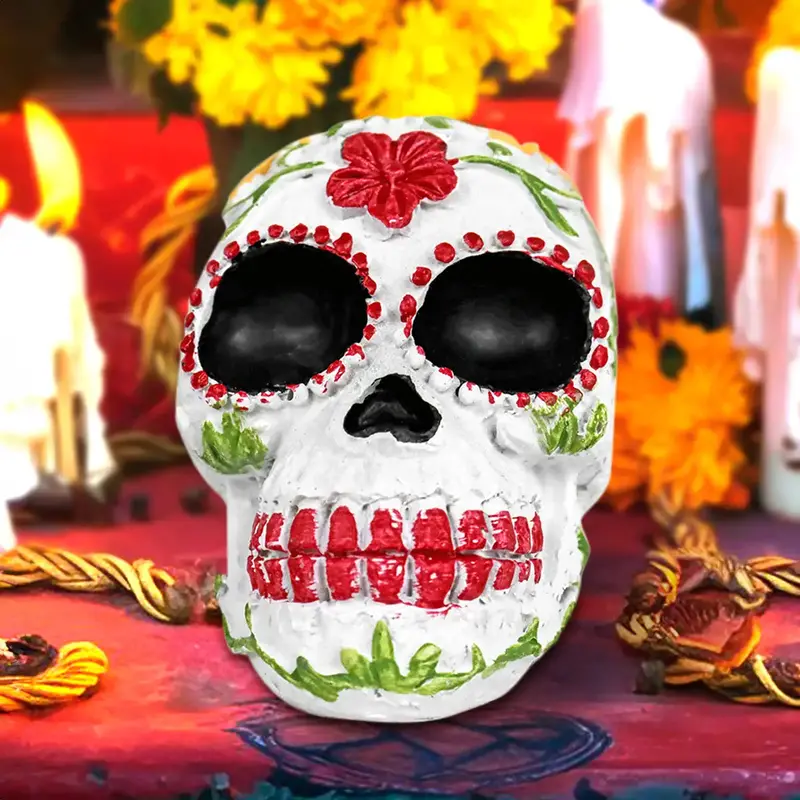 Cráneo, Figura De Cerámica, Flores, Colores 2