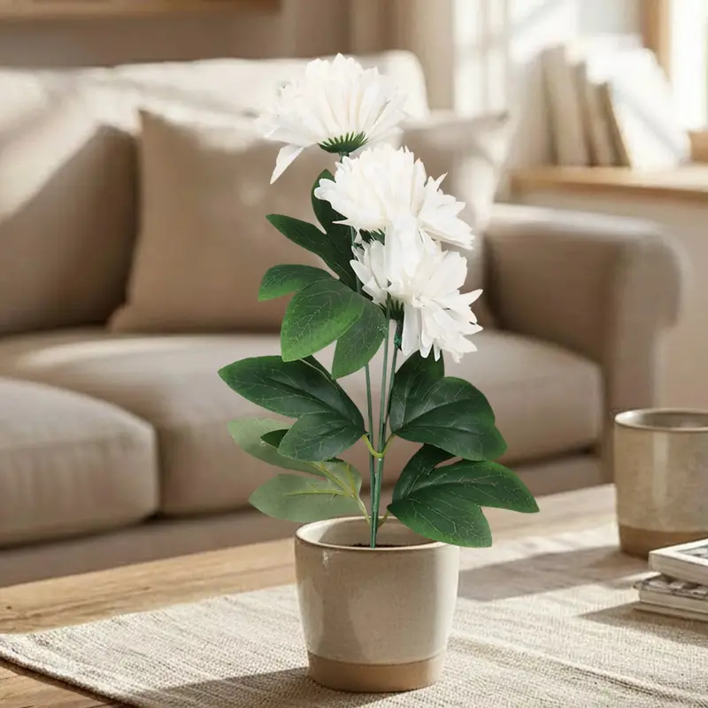 Crisantemo, 3 Flores Artificiales, Color Blanco 2