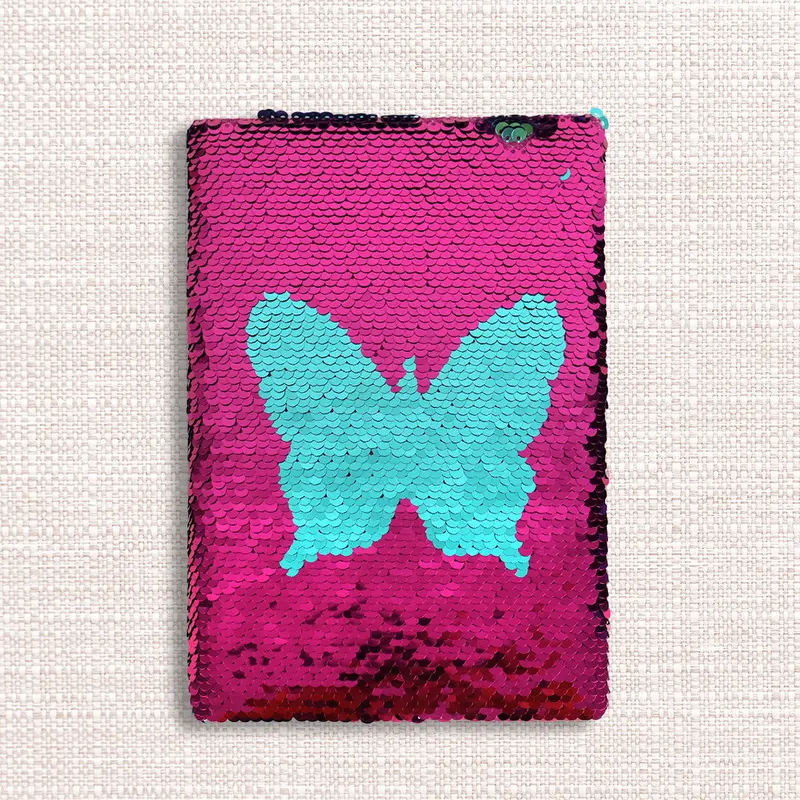 Cuaderno De Lentejuela Color Fiusha Con Diseño De Mariposa, 80 Hojas 1