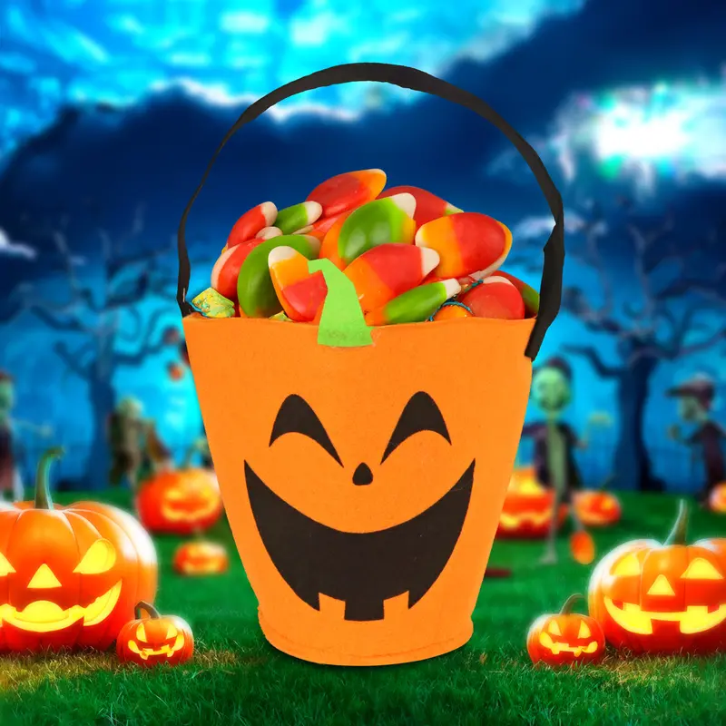 Cubeta De Fieltro Con Diseño De Calabaza Para Dulces 1
