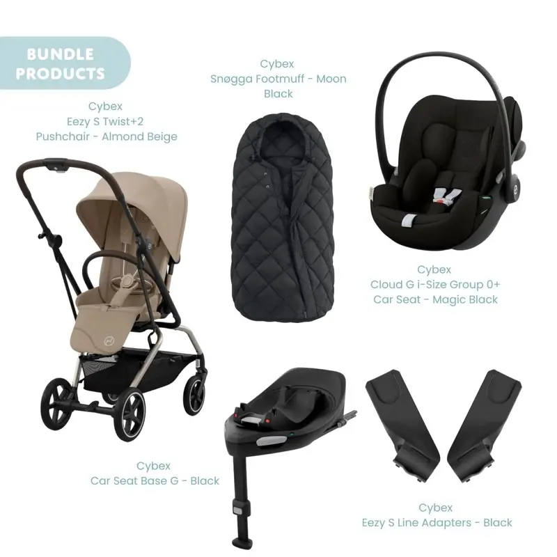 Cybex Eezy S Twist+2 Pushchair With Cloud G Car Seat & Base & Snøgga Footmuff Travel System Bundle - Almond Beige 1