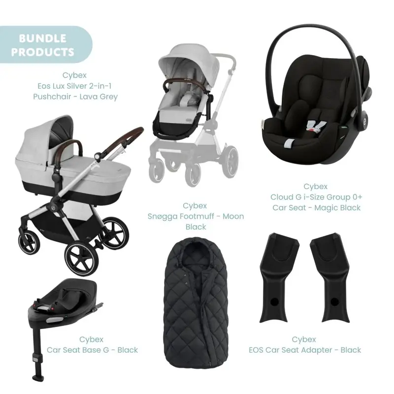 Cybex Eos Lux Silver 2-In-1 Pushchair With Cloud G Car Seat & Base & Snøgga Footmuff Travel System Bundle - Lava Grey 1