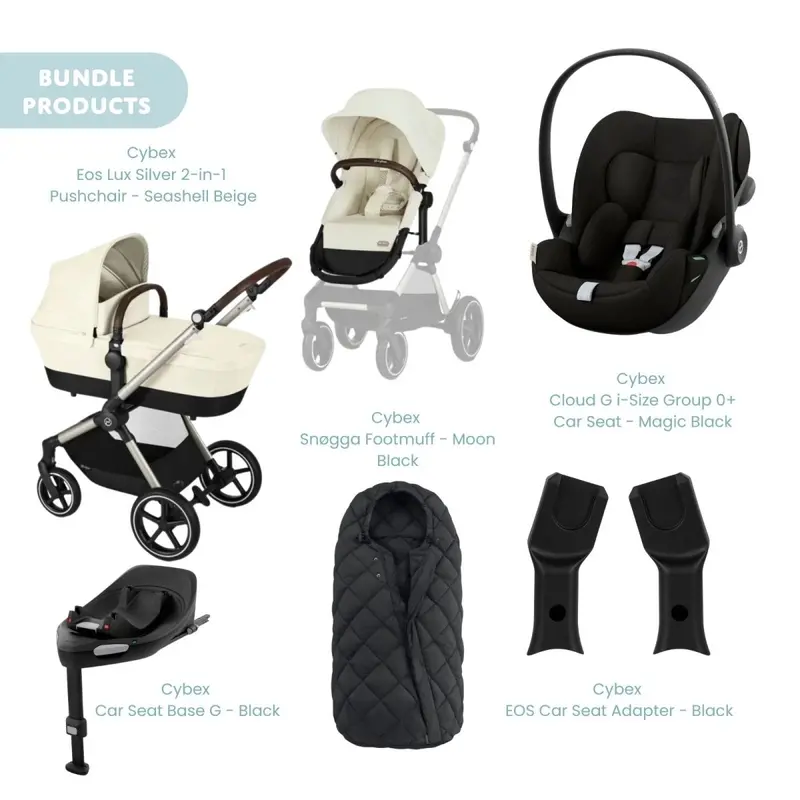 Cybex Eos Lux Silver 2-In-1 Pushchair With Cloud G Car Seat & Base & Snøgga Footmuff Travel System Bundle - Seashell Beige 1