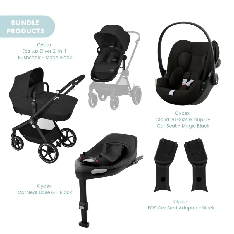 Cybex Eos Lux Silver Pushchair With Cloud G Car Seat & Base Travel System Bundle - Moon Black 1