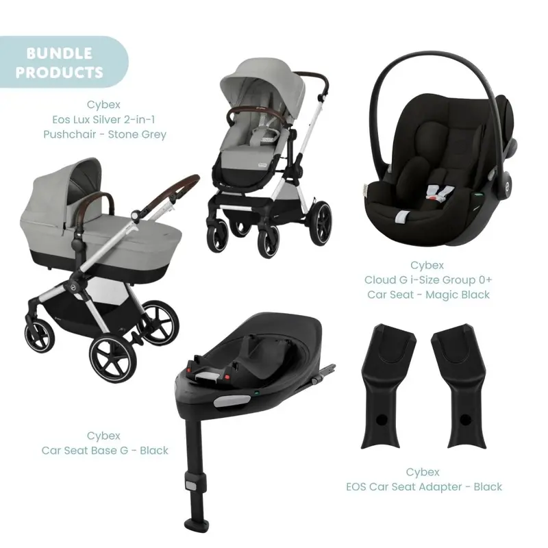 Cybex Eos Lux Silver Pushchair With Cloud G Car Seat & Base Travel System Bundle - Stone Grey 1