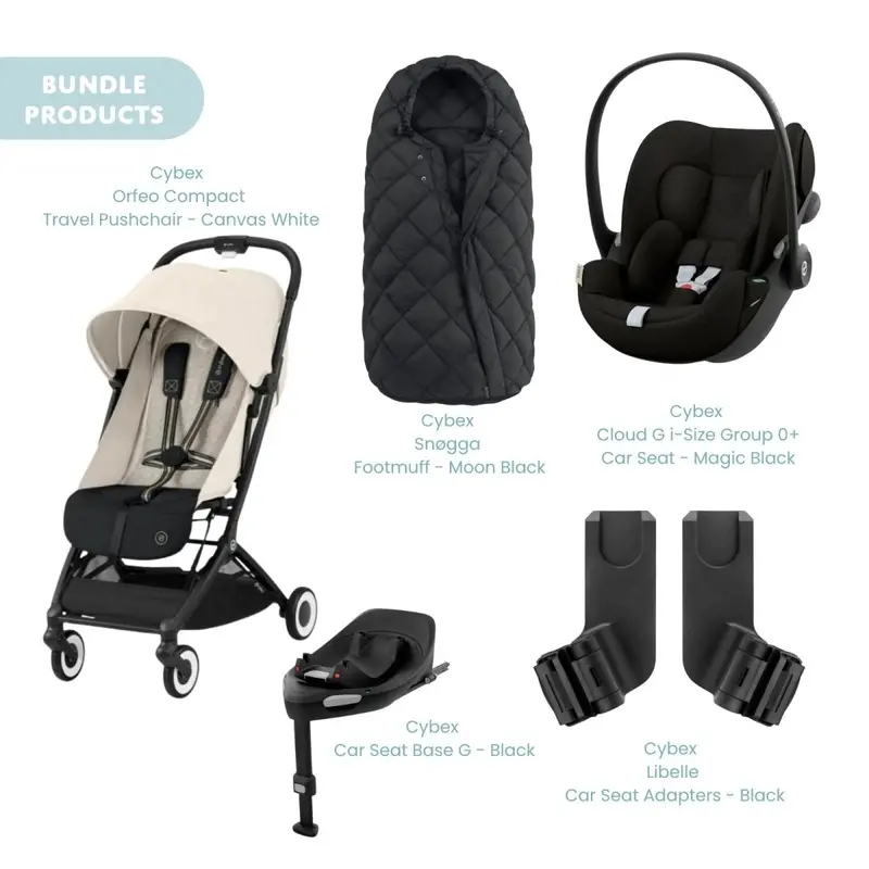 Cybex Orfeo V2 Compact Pushchair With Cloud G Car Seat & Base & Snøgga Footmuff Travel System Bundle - Canvas White 1