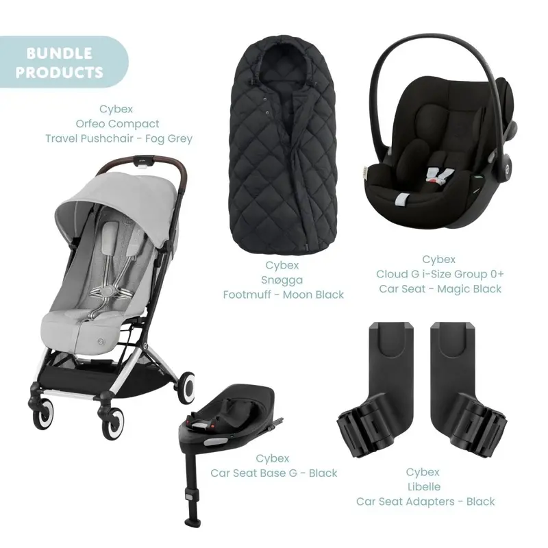 Cybex Orfeo V2 Compact Pushchair With Cloud G Car Seat & Base & Snøgga Footmuff Travel System Bundle - Fog Grey 1