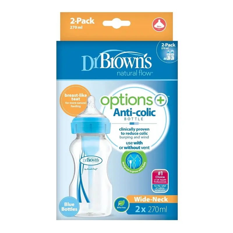 Dr. Brown's Options+ Anti-Colic Baby Bottle Wide Neck Blue 270Ml Pack Of 2 2