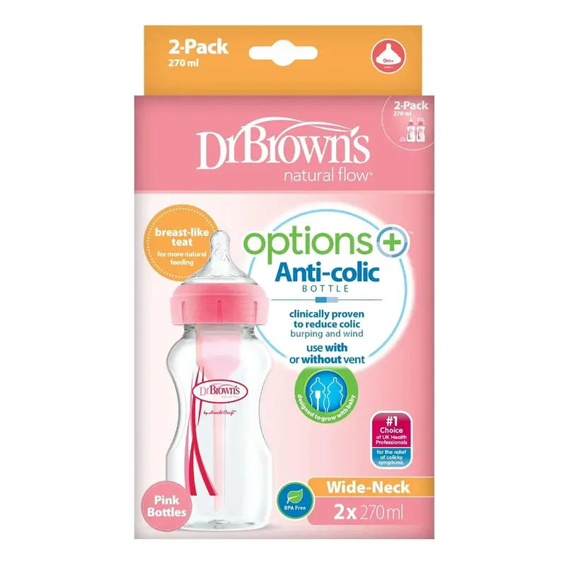 Dr. Brown's Options+ Anti-Colic Baby Bottle Wide Neck Pink 270Ml Pack Of 2 2