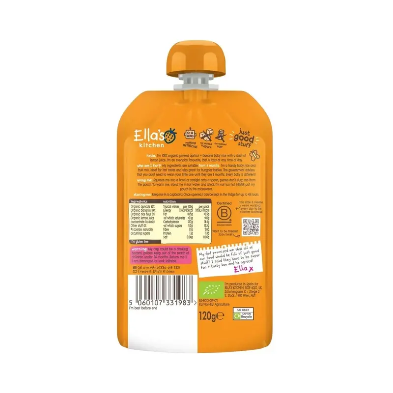 Ella's Kitchen Organic Apricot & Banana Baby Rice Baby Food Pouch 4+ Months 120G 2