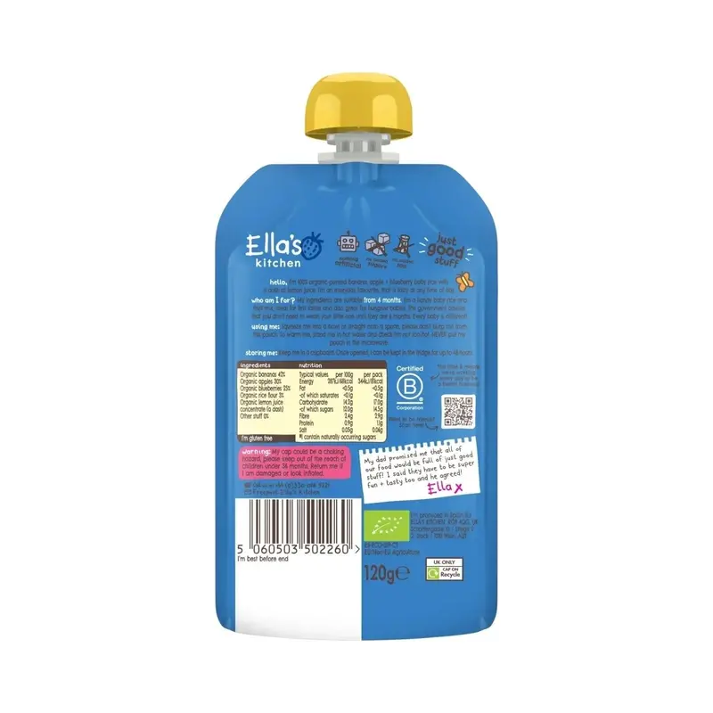 Ella's Kitchen Organic Banana & Blueberries Baby Rice Pouch 4+ Months 120G 2