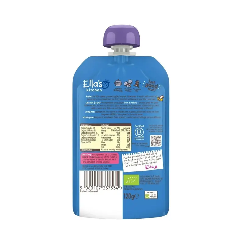 Ella's Kitchen Organic Blueberries Apples Bananas & Vanilla Baby Food Pouch 4+ Months 120G 2