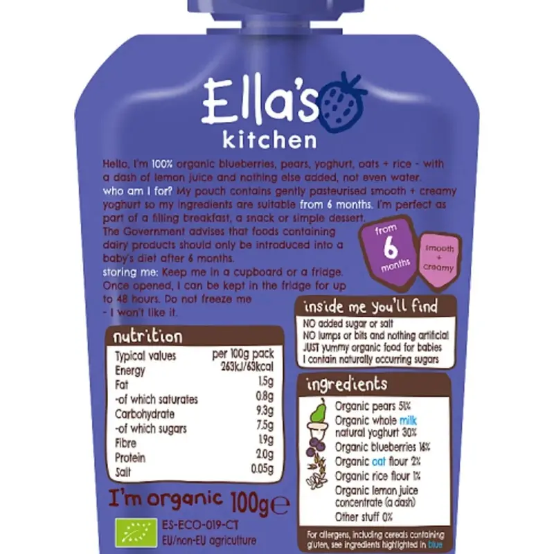 Ella's Kitchen Organic Blueberry & Pear Baby Brekkie Pouch 6+ Months 100G 2