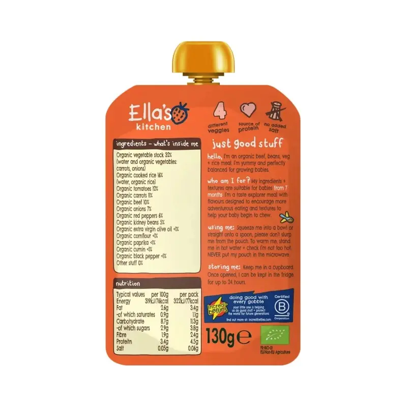 Ella's Kitchen Organic Chilli Con Carne Baby Food Pouch 7+ Months 130G 2