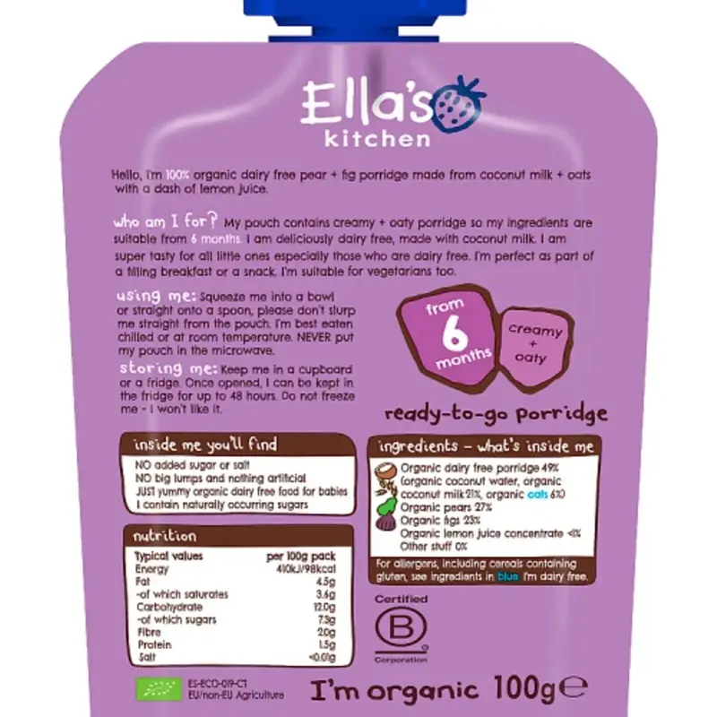Ella's Kitchen Organic Dairy Free Pear & Fig Porridge Baby Food Pouch 6+ Months 100G 2