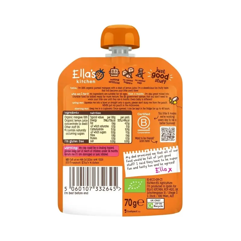 Ella's Kitchen Organic Mangoes First Tastes Baby Food Pouch 4+ Months 70G 2