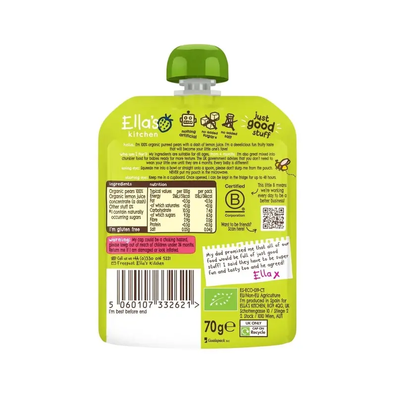 Ella's Kitchen Organic Pears First Tastes Baby Food Pouch 4+ Months 70G 2