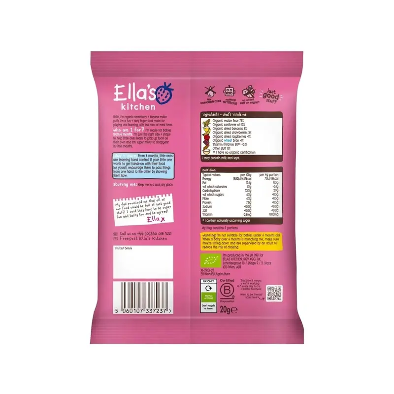 Ella's Kitchen Organic Strawberry & Banana Melty Puffs Baby Snack 6+ Months 20G 2