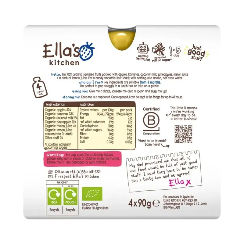 Ella's Kitchen Organic The White One Smoothie Multipack Baby Food Pouch 6+ Months 360G (4X90g) 2