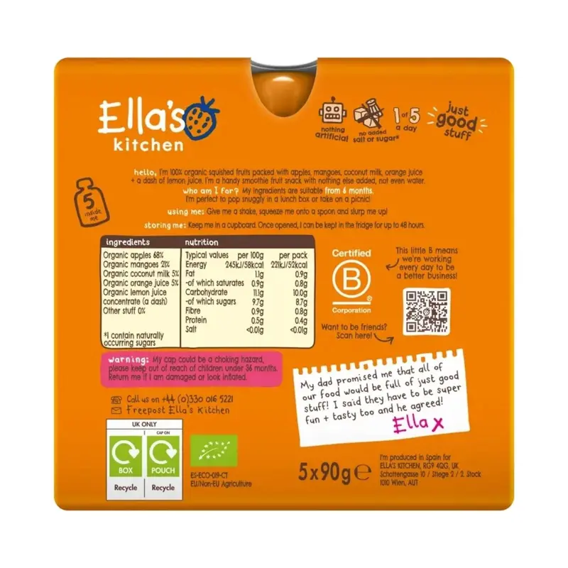 Ella's Kitchen Smoothie Organic The Orange One Multipack Baby Food Pouch 6+ Months 450G (5X90g) 2
