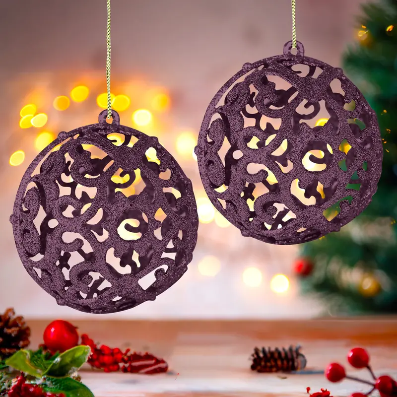 Esfera Con Ornamentos, Glitter, Color Morado, 2 Pzas 2