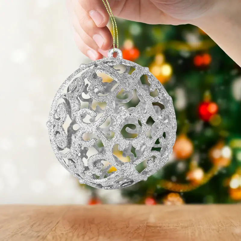 Esfera Con Ornamentos, Glitter, Color Plata, 2 Pzas 1