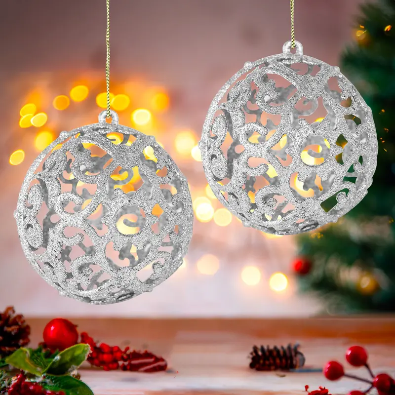 Esfera Con Ornamentos, Glitter, Color Plata, 2 Pzas 2