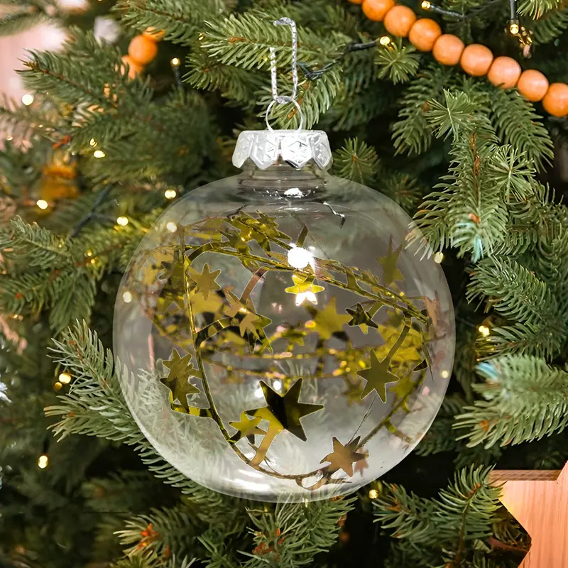 Esfera Navideña Redonda Transparente Con Decoración Color Oro 1