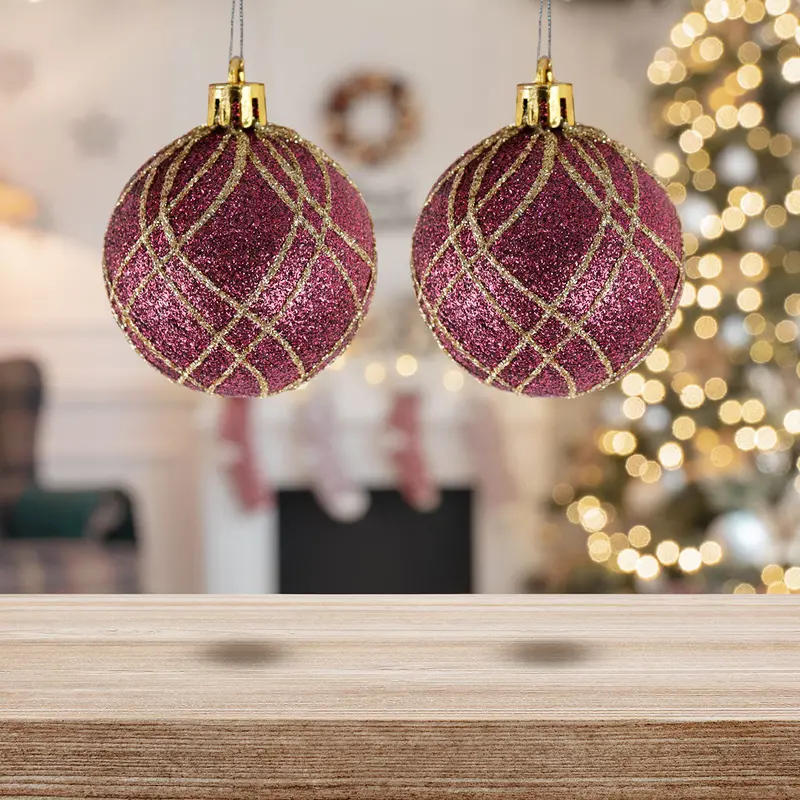 Esferas Navideñas Con Glitter, Color Vino, 2 Pzas 1
