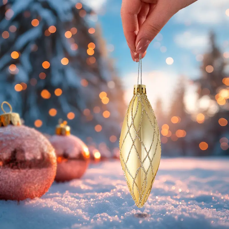 Esferas Navideñas Con Glitter, Forma Alargada, Color Oro, 2 Pzas 1