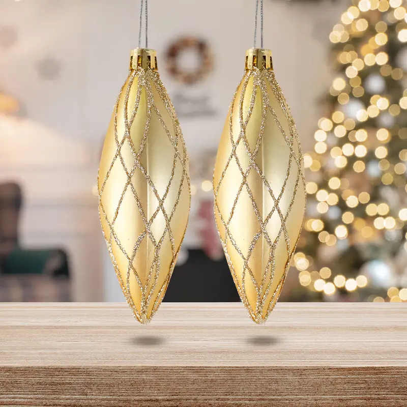 Esferas Navideñas Con Glitter, Forma Alargada, Color Oro, 2 Pzas 2