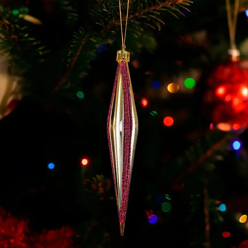 Esferas Navideñas, Forma Diamante Largo, Color Dorado Con Glitter, 2 Pzas 1