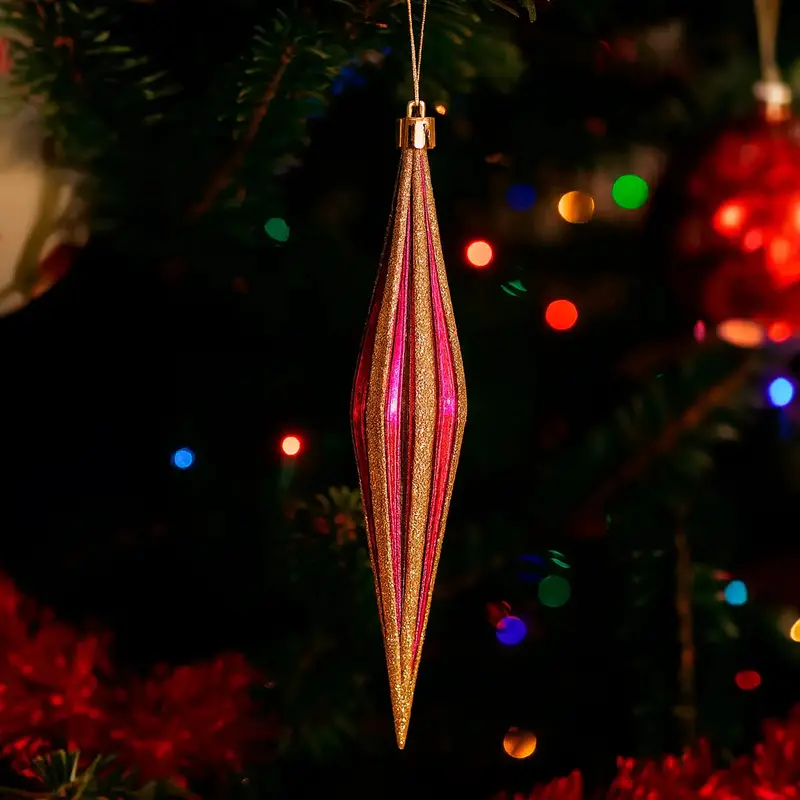 Esferas Navideñas, Forma Diamante Largo, Color Vino Con Glitter, 2 Pzas 1