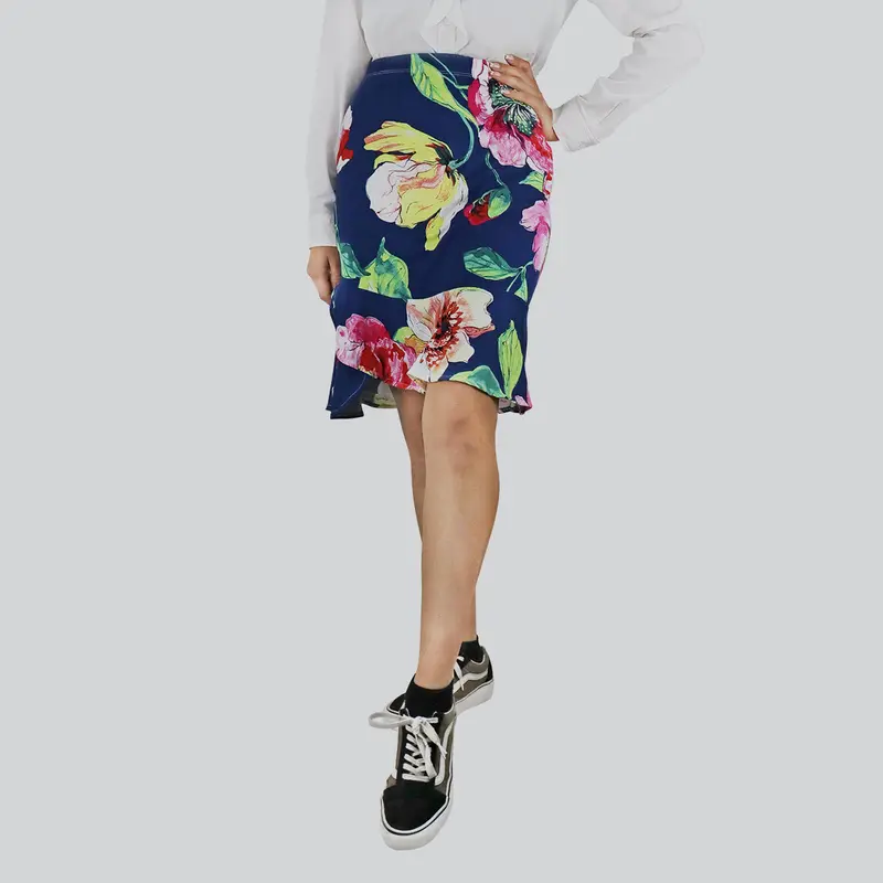 Falda Casual Con Abertura Color Azul Con Diseño De Flores Para Dama 1