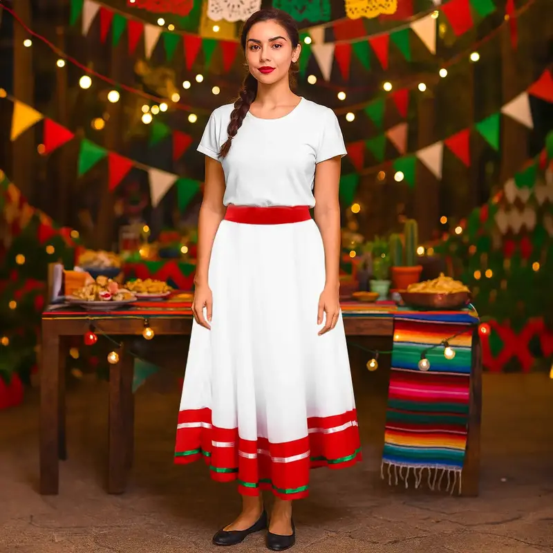 Falda Regional, Color Blanco Y Rojo, Fiestas Patrias, Talla Mediana 2