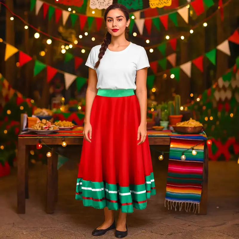 Falda Regional, Color Rojo Y Verde, Fiestas Patrias, Talla Grande 2